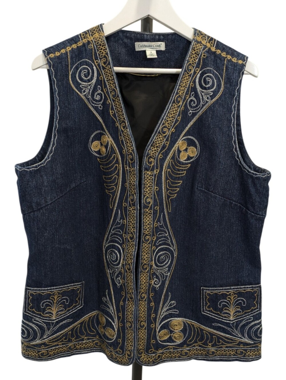 Coldwater Creek Denim Vest 1X Embroidered Gold Silver Corded Open Front Pockets